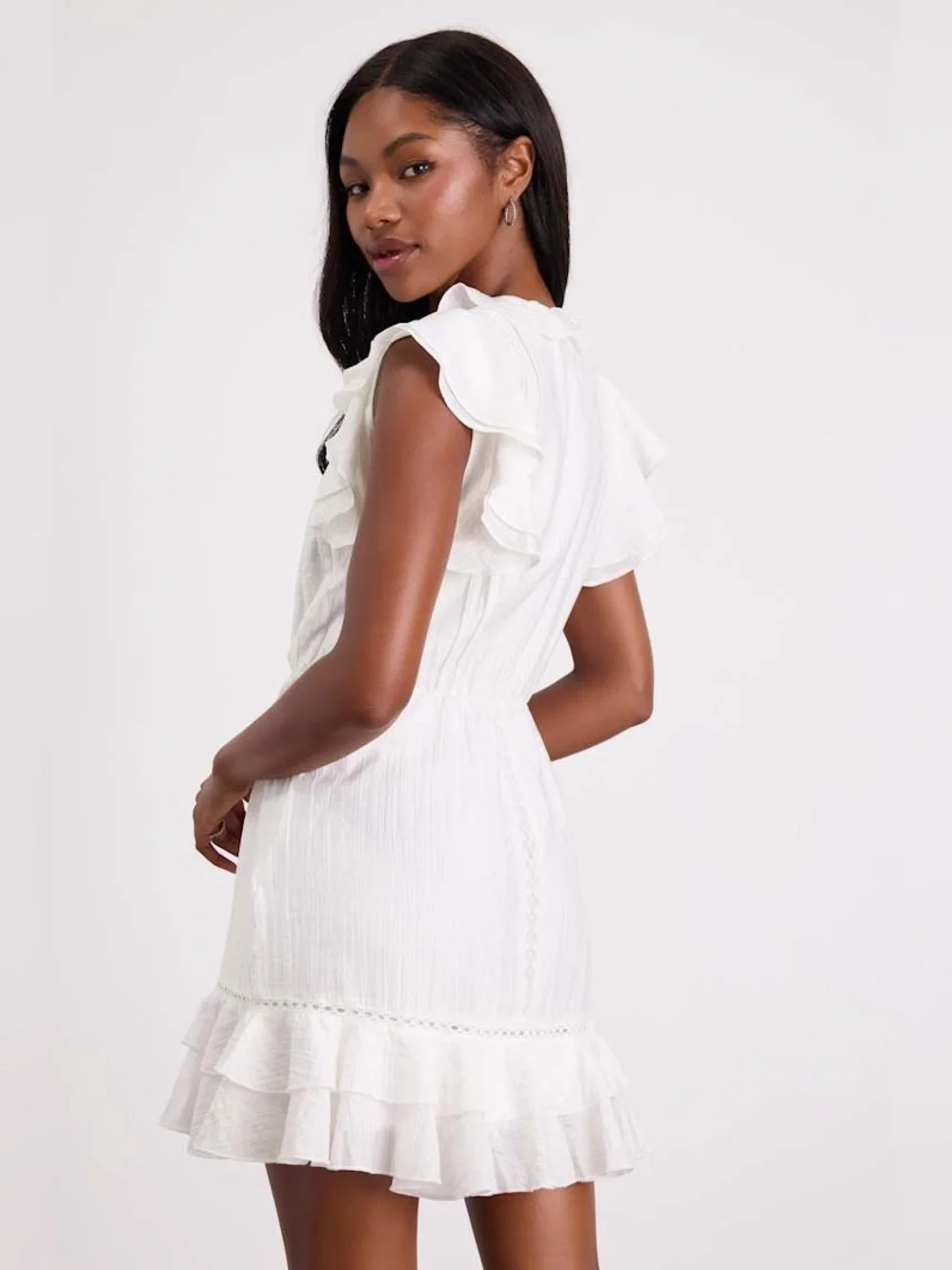 Lulus Tanaya White Flutter Sleeve Tiered Mini Dress size large white lace boho - Picture 3 of 15